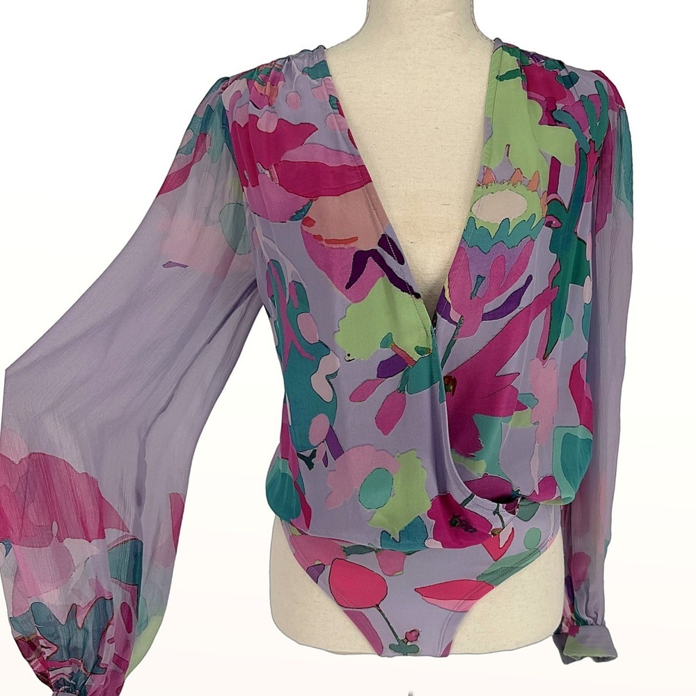 Rococo Sand Bodysuit XS Sheer Floral Deep V Boho Festival Resortwear Colorful - Picture 2 of 16